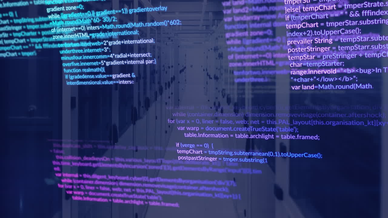 Animation of multicolored computer language over data server racks in server room