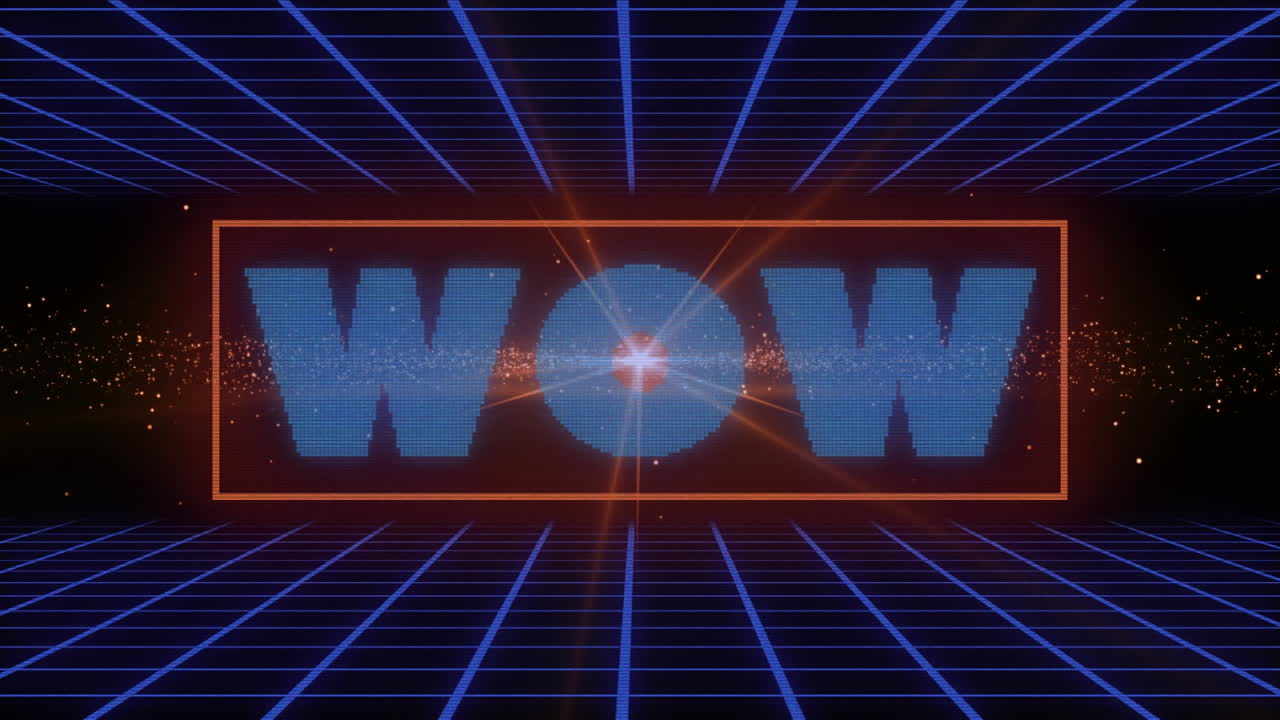 파란색 그리드와 오렌지색 파도 위에 와우 텍스트의 애니메이션