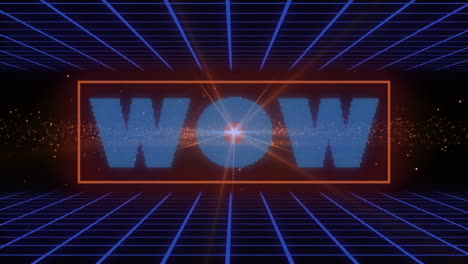 animation of wow text over blue grid and orange wave