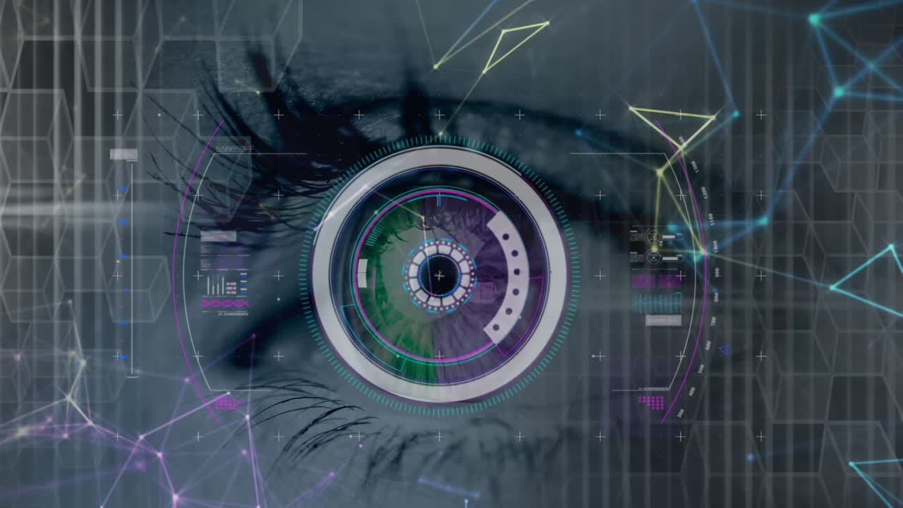 red de conexiones contra el escáner redondo sobre el primer plano del ojo femenino