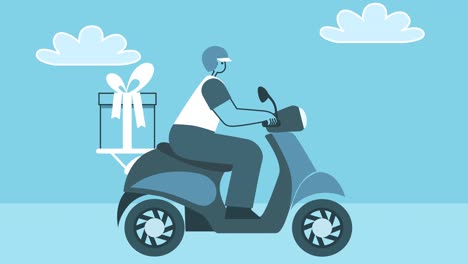 cartoon flat deliveryman rides a motor scooter with gift box. flat design cartoon man character isolated loop 2d animation