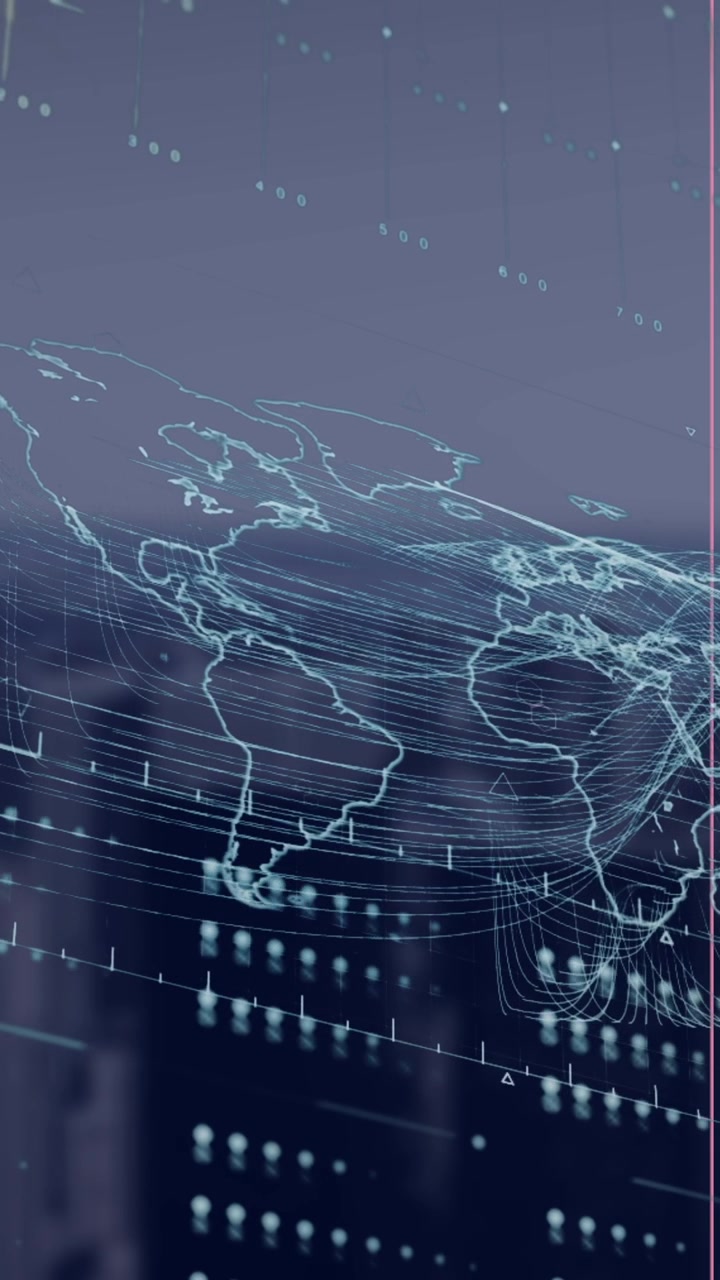 Animation of world map, digital screen with data and cityscape