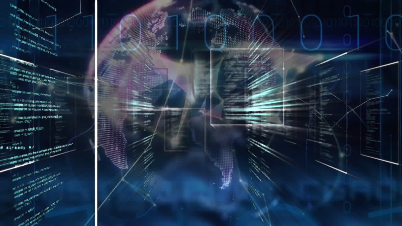 Animation of squares, binary codes, computer language over rotating globe on abstract background