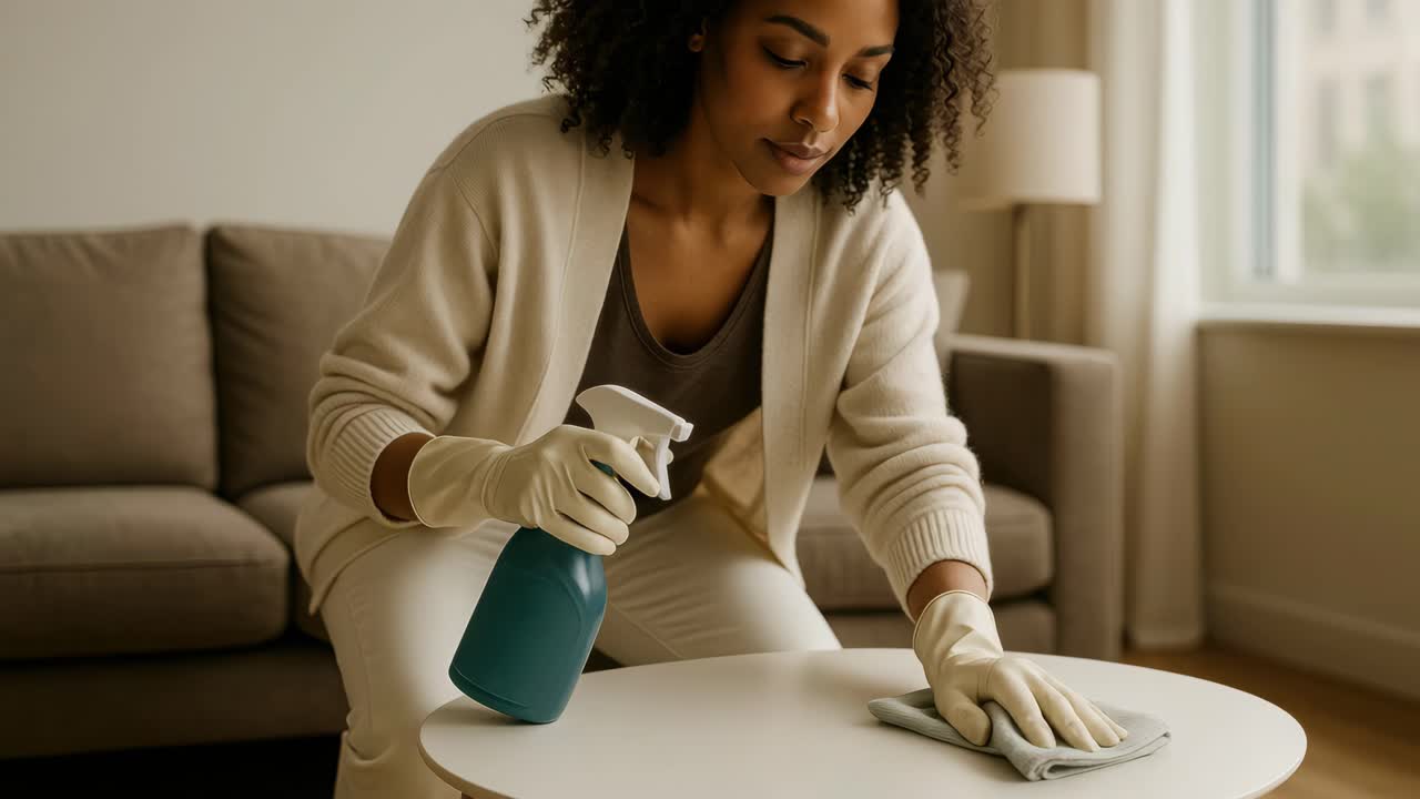 A woman cleans a table with a spray bottle and cloth in a cozy living room