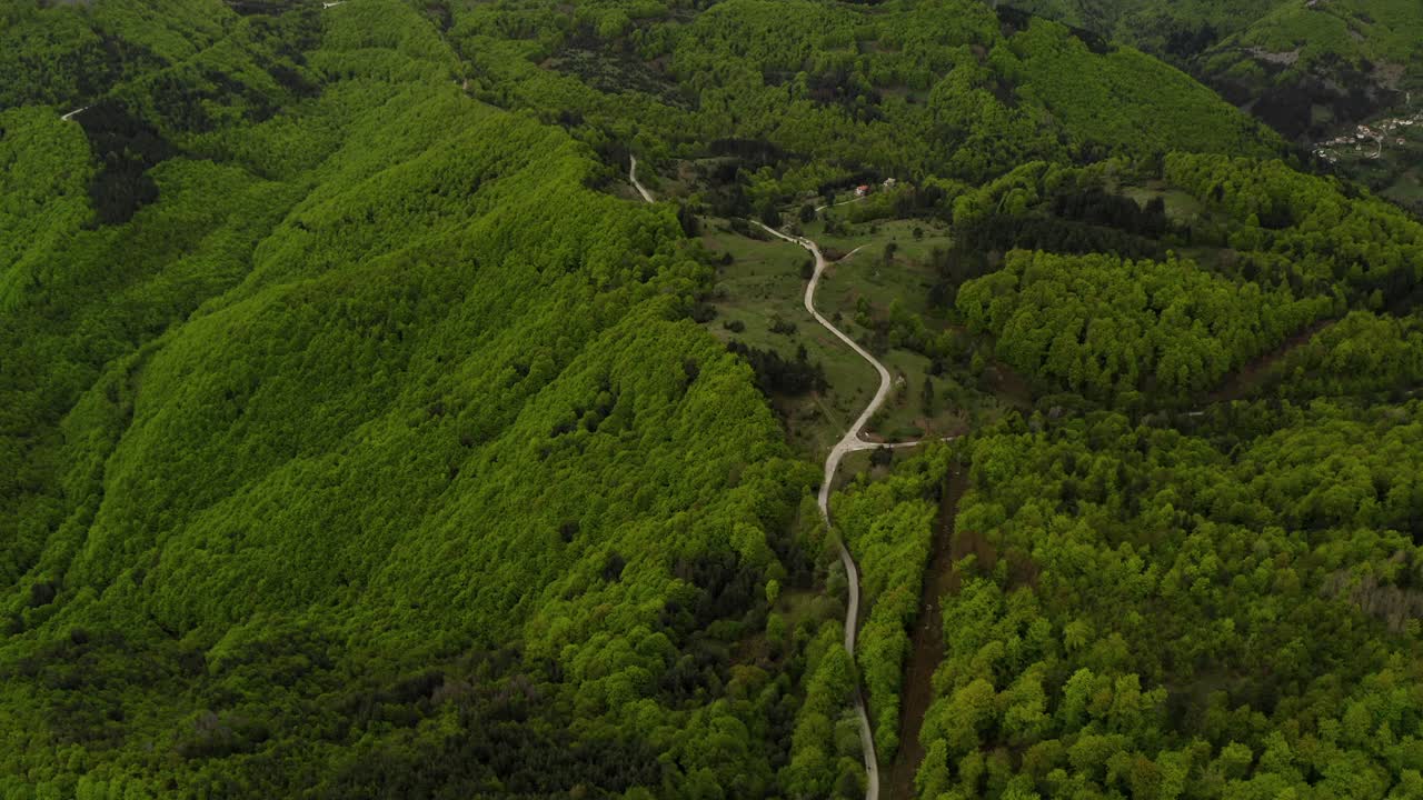 fotografía aérea de una carretera sinuosa en medio de la jungla en stara planina, bulgaria