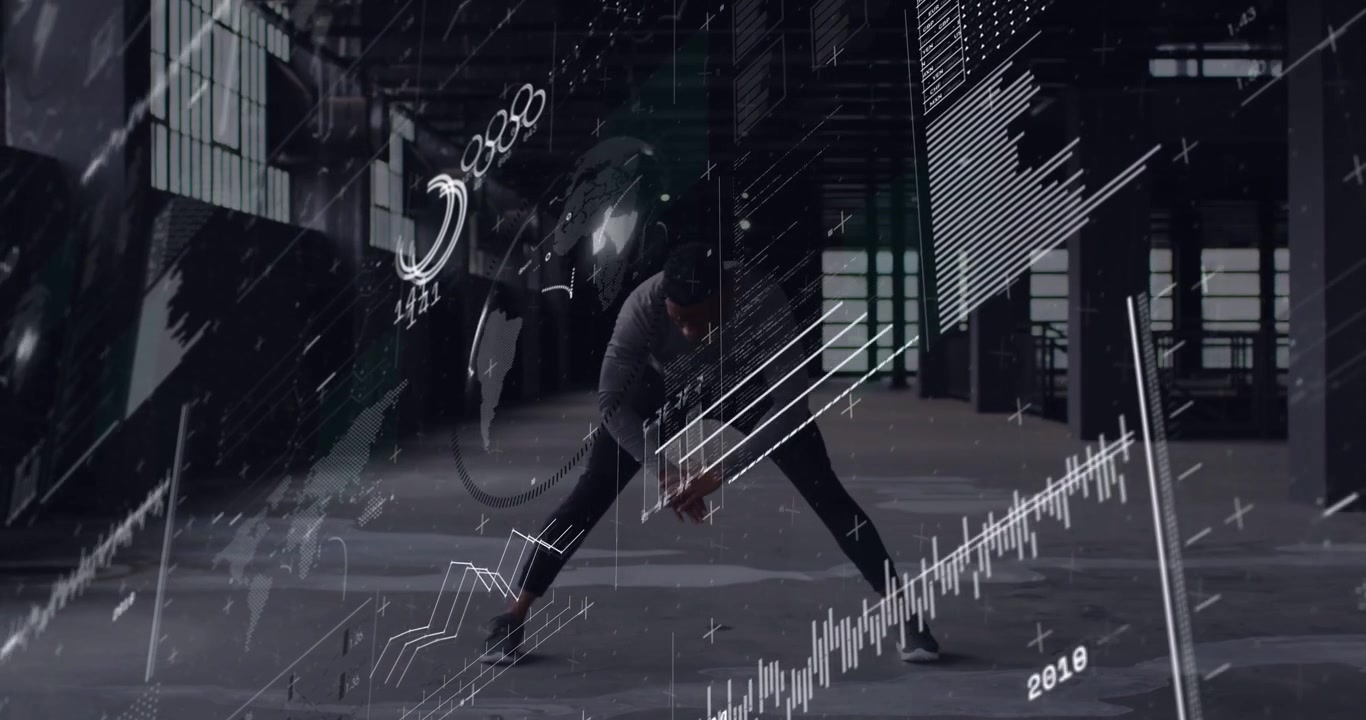 Male athlete taking wide stance, holding bend, shifting rotating for fitness as HUD overlays rising