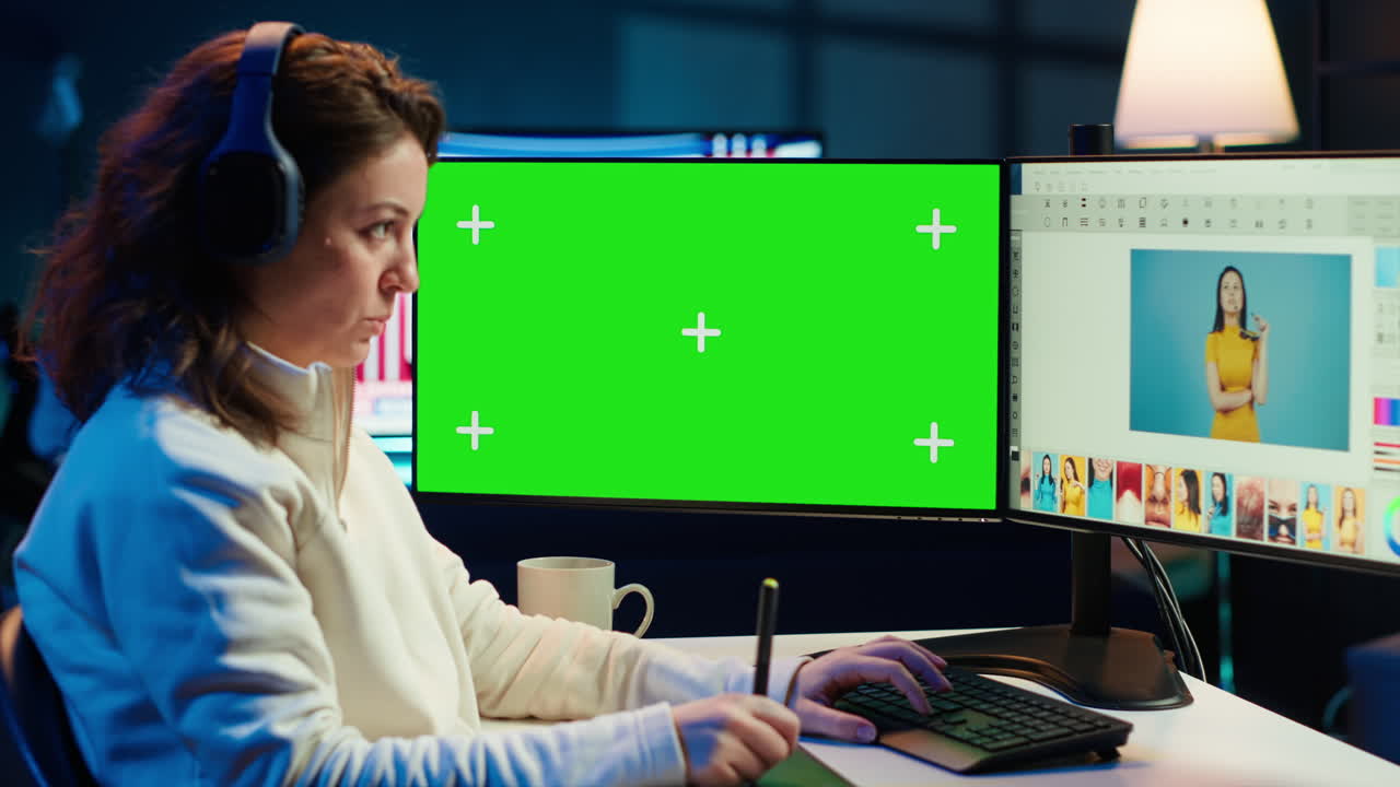 녹색 화면 모니터를 사용하여 사진 편집자, 음악을 듣기
