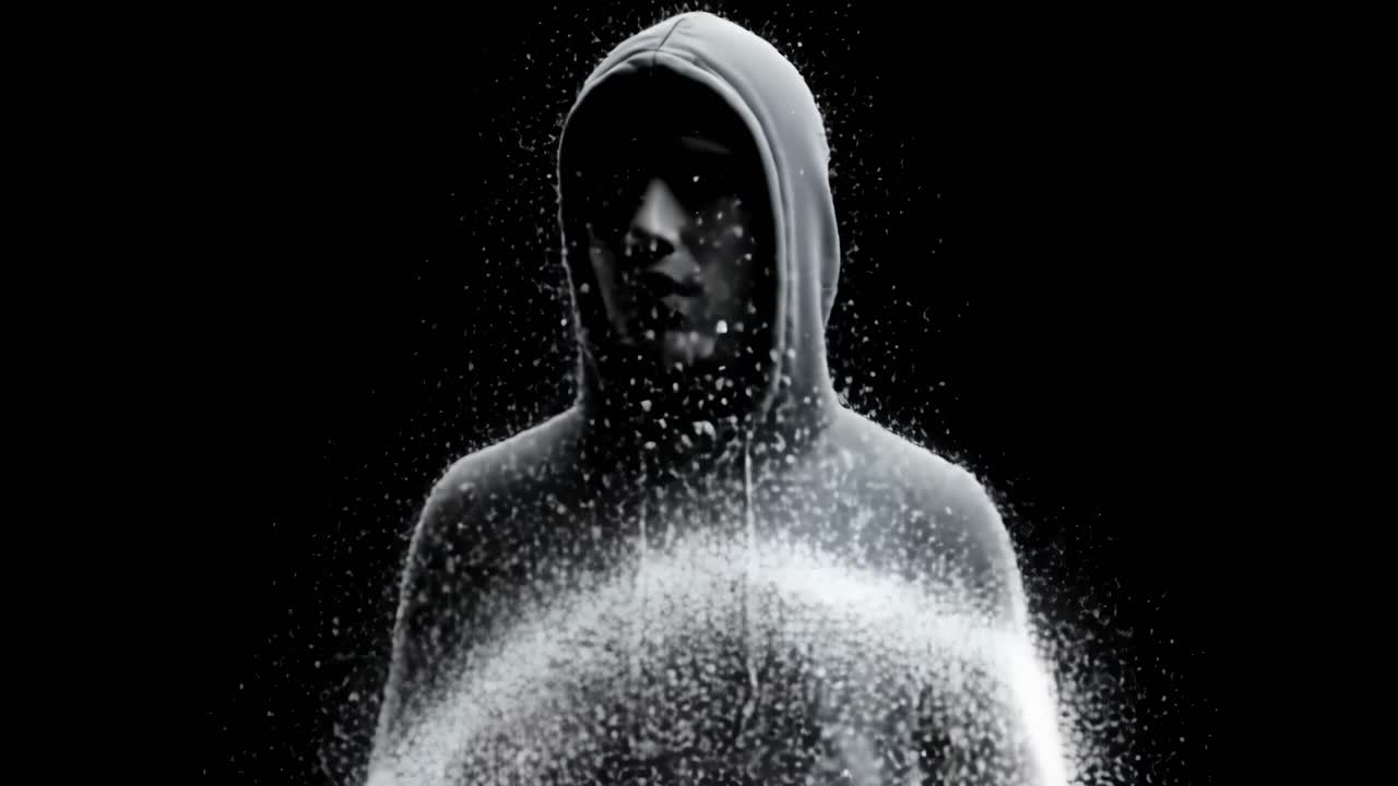 A mysterious figure is enveloped by swirling particles, showcasing a profoundly intense expression amidst a shadowy, atmospheric backdrop