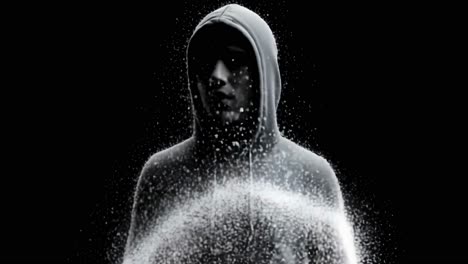 a mysterious figure is enveloped by swirling particles, showcasing a profoundly intense expression amidst a shadowy, atmospheric backdrop