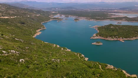 aerial panorama view lake with clear water in the mountains