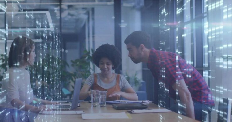 Picking blue folder colleague initiating business docs review, discussing data with server overlay