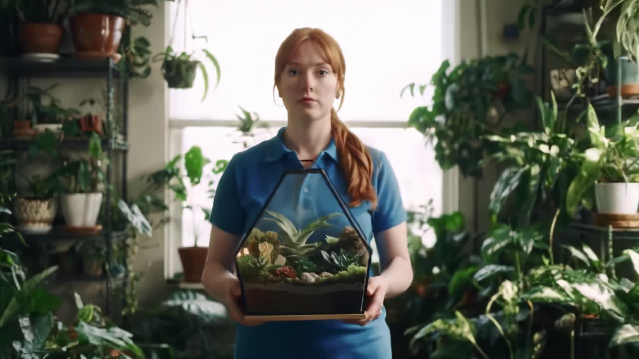 A woman stands in a vibrant indoor garden surrounded by flourishing plants while presenting a beautifully arranged terrarium.