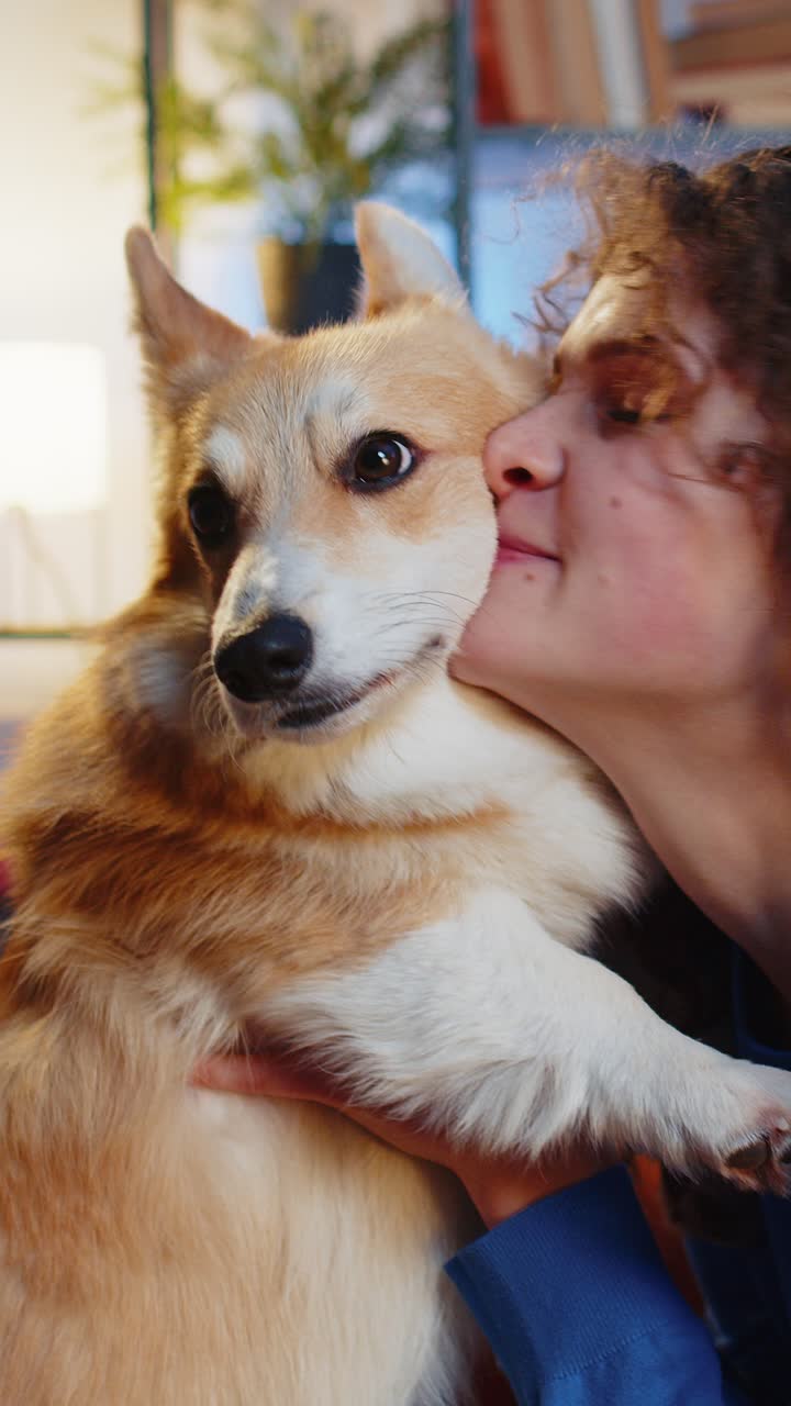 Loving young woman caressing kissing cute funny pet corgi dog on sofa in living room at home