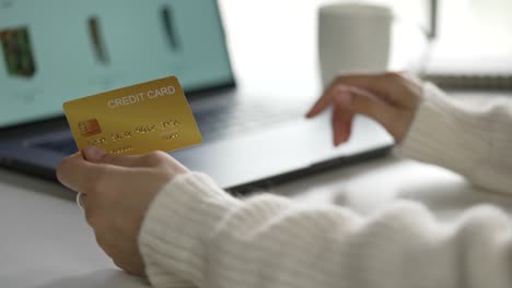 female hands holding credit card and using laptop. online shopping