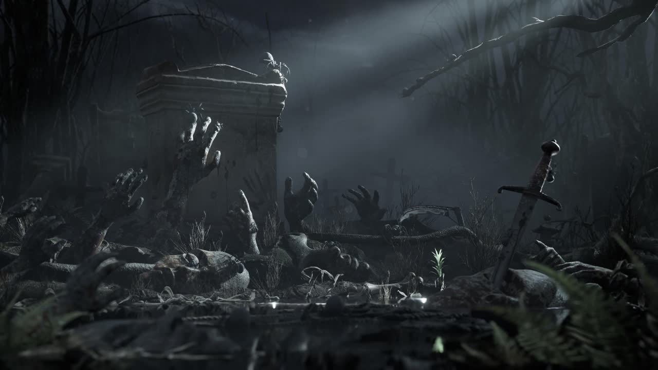 Mani di zombie che escono dalla tomba