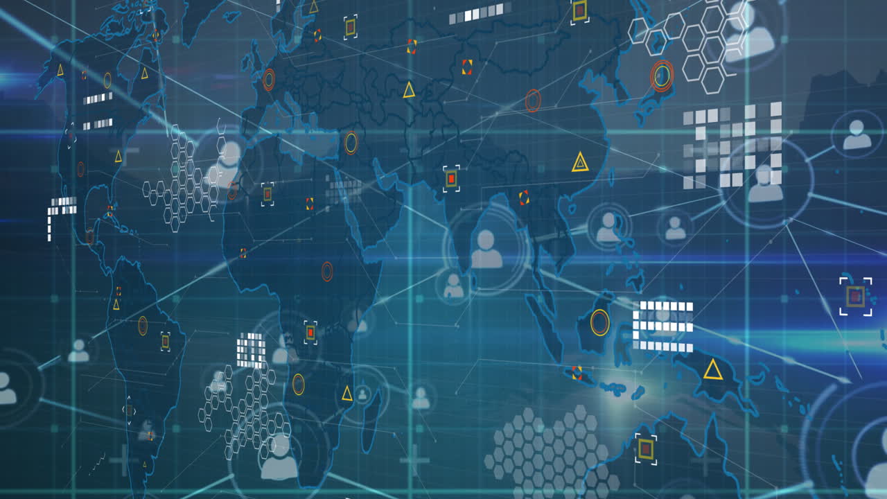 파란색 배경에 프로필 아이콘 네트워크, 세계 지도 및 빛 트레일의 애니메이션