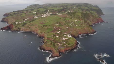 Panorama-high-angle-drone-view-over-Topo-on-São-Jorge-Island,-Azores