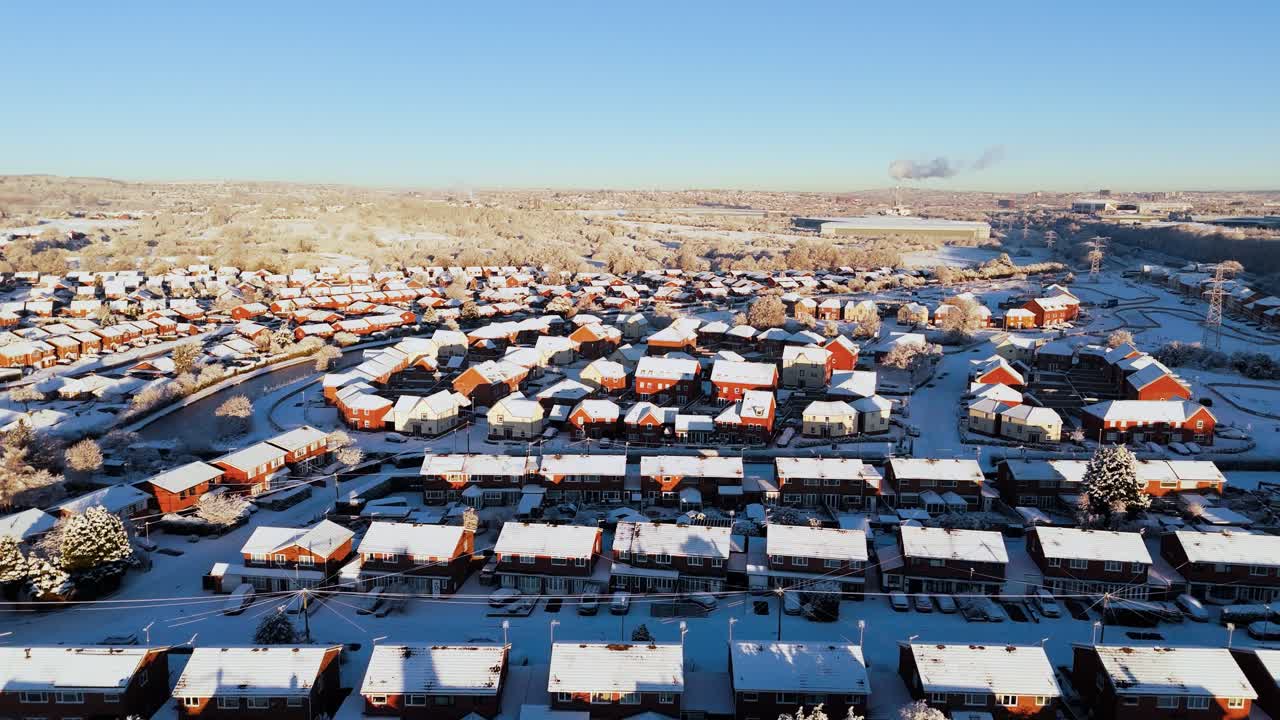 Snowy Aerial Shot of 1960's UK Residential Semi-Detatched Houses