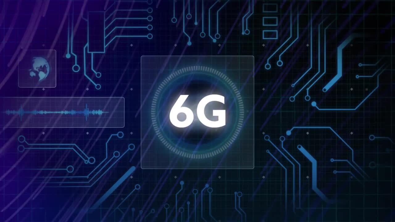 animación de texto de 6 g sobre una placa de circuito de computadora