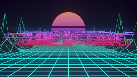 animación de juego de neón parpadeante sobre texto sobre sol rosado brillante y cuadrícula azul
