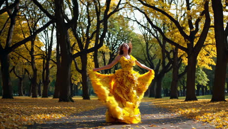 golden autumn elegance: woman in a flowing leaf gown