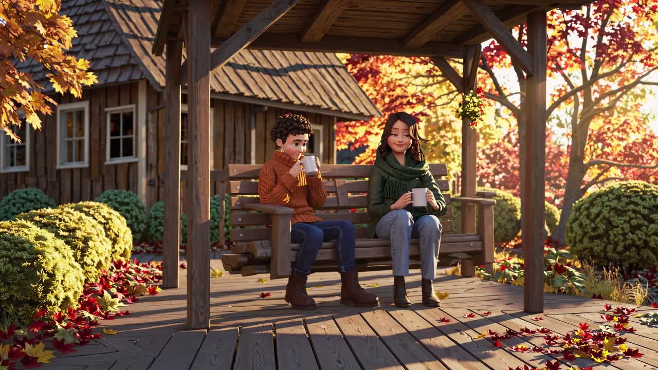 Animated video scene of two characters on a bench, enjoying coffee. Warm, cozy style with a slight