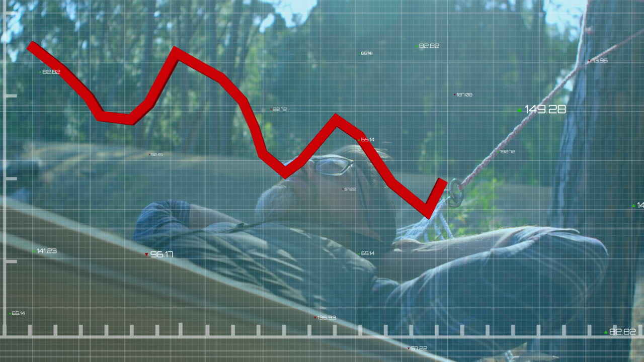 Animazione di una linea rossa ed elaborazione di dati finanziari su un uomo caucasico che si rilassa in amaca.