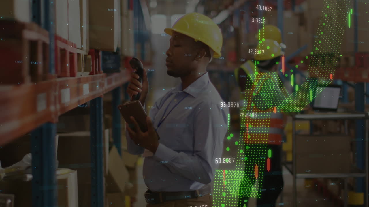 Animation of financial data processing over biracial man working in warehouse