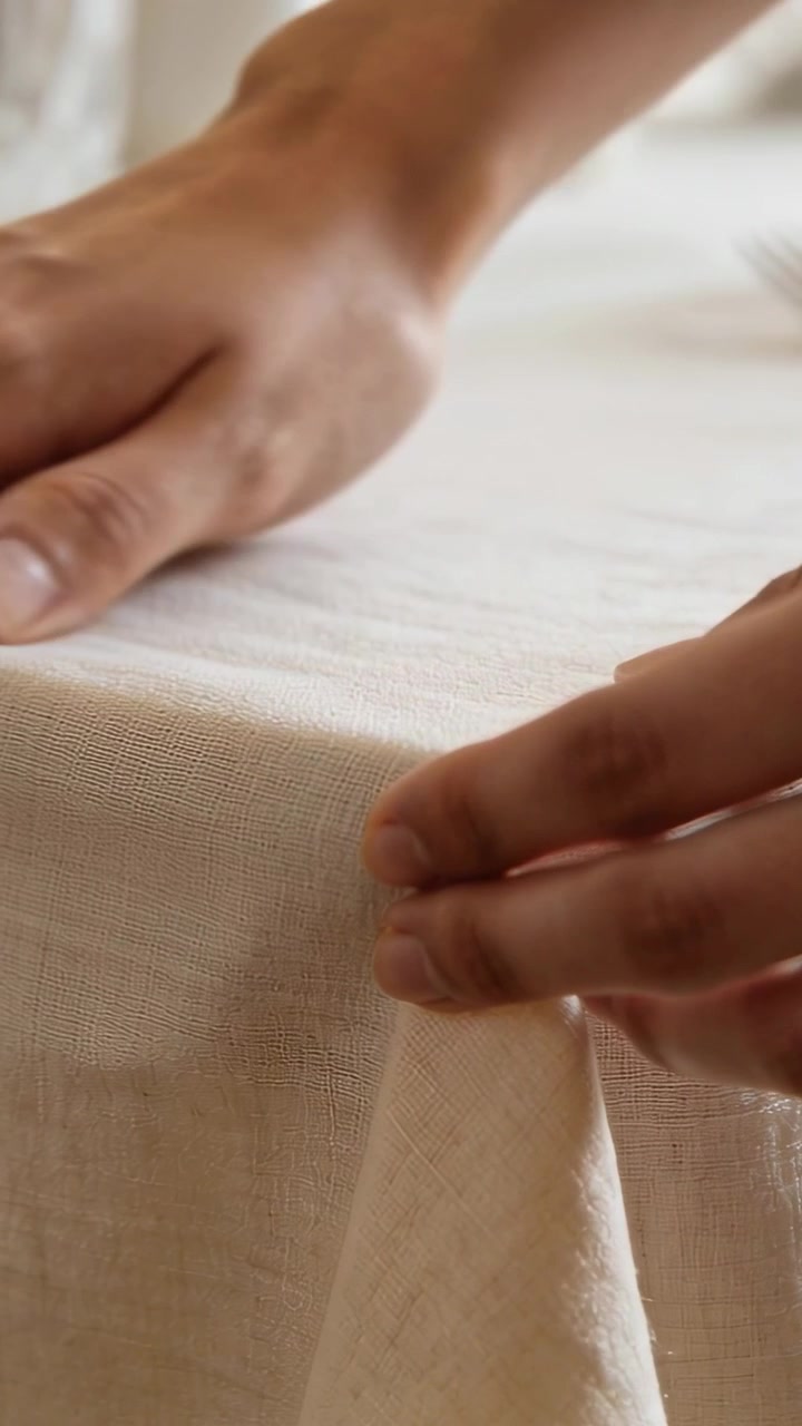 Vertical video: Resting hand on corner bare arms pulling, tucking tablecloth at table to flatten