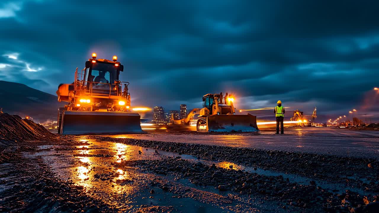 Lavori di costruzione notturni. Operai edili manovrano macchinari pesanti sotto un cielo scuro. Veicoli spostano terra su un cantiere nelle ore serali.