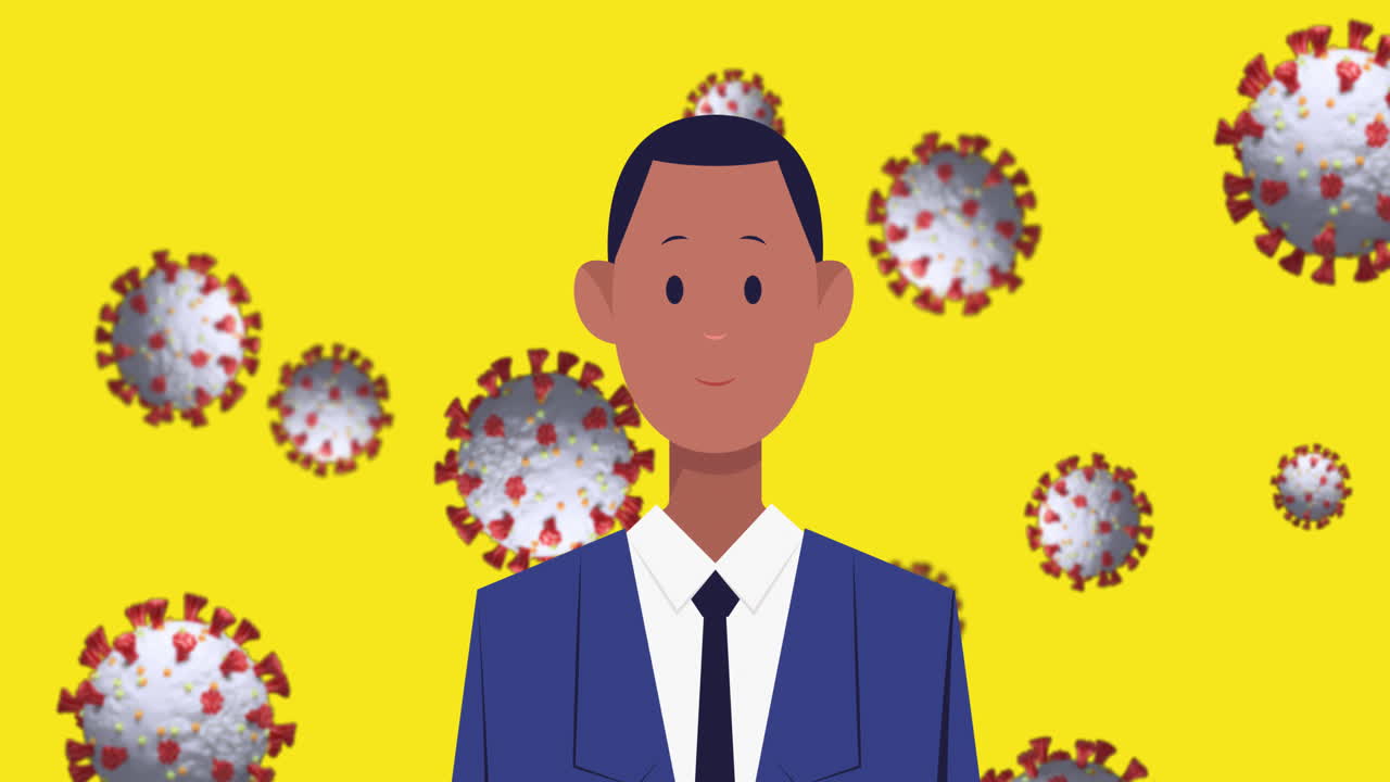 노란색 배경에 코로나19 세포 위에 얼굴 마스크를 쓴 사업가 아이콘