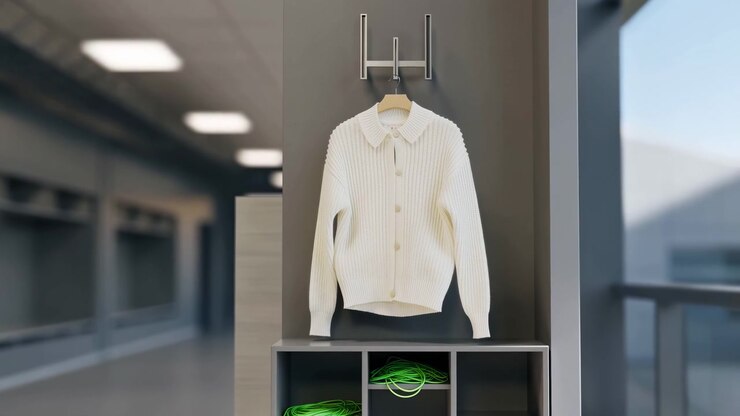 Un lento avvicinamento porta la maglieria color crema in primo piano sopra scaffali a scomparti con cordini verde brillante, mentre la morbida luce della finestra mette in risalto i punti lavorati a maglia contro un interno sfocato e le luci del soffitto