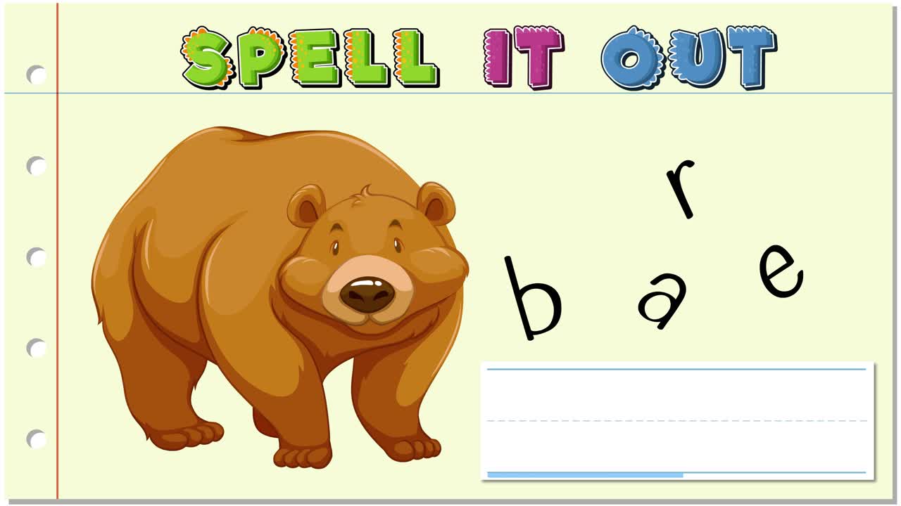 A playful animation teaching kids to spell 'bear' using colorful letters and engaging visuals