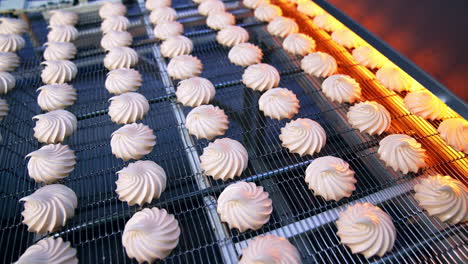 white vanilla marshmallows on the conveyor belt move under the drier. mechanical process of sweets manufacturing at factory.