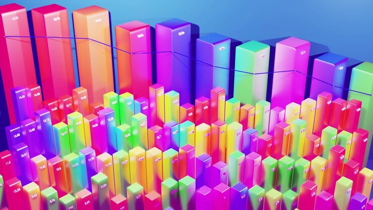Smuk 3D-loopet baggrund til analyseprogrammer med abstrakte infografikker, statistiske data. Flerfarvede søjler, tællere og grafer. 3D-søjler bevæger sig jævnt op og ned i en løkke. Finansiel baggrund