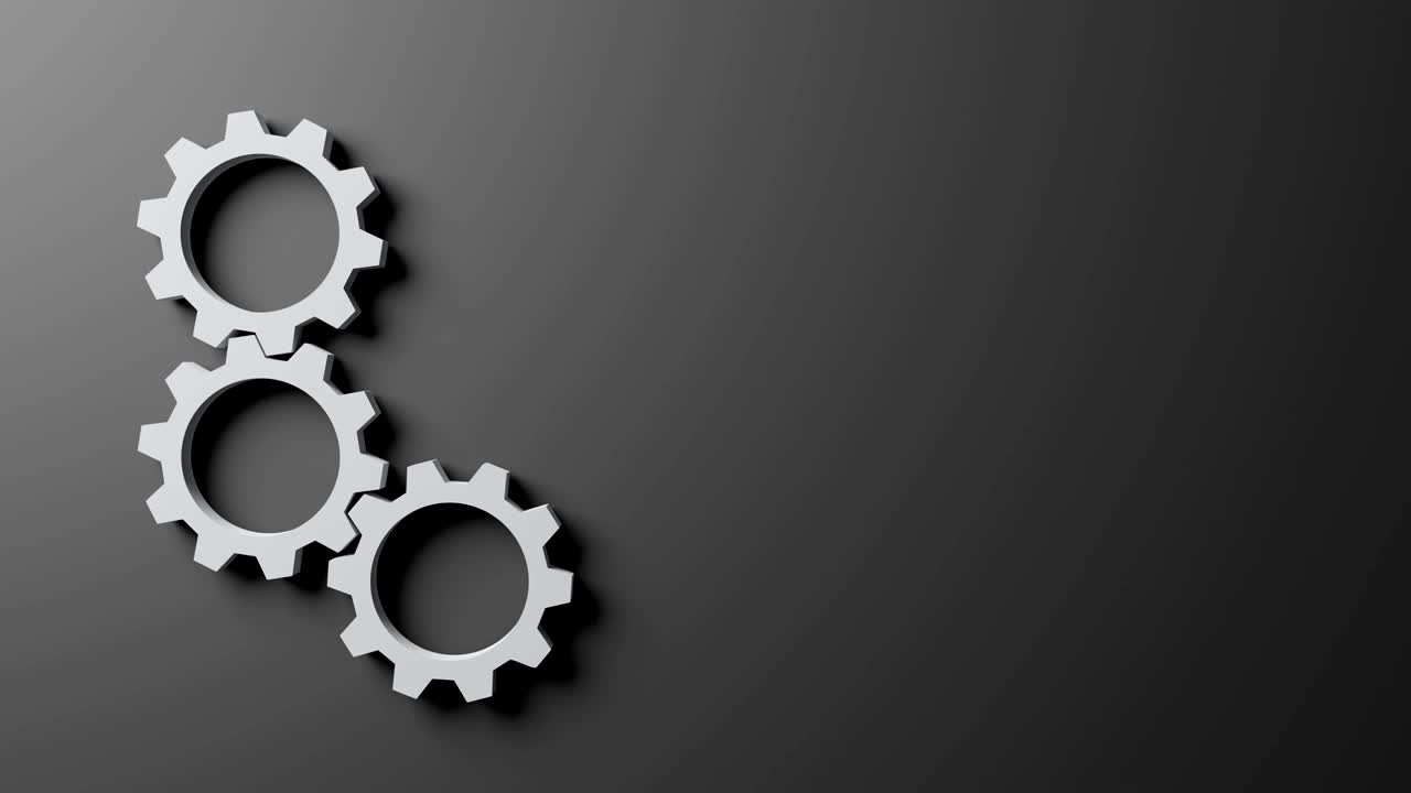 animación de ultra alta resolución de tres dimensiones generada por computadora girando tres engranajes de conexión en fondo gris oscuro, espacio de copia, treinta fotogramas por segundo