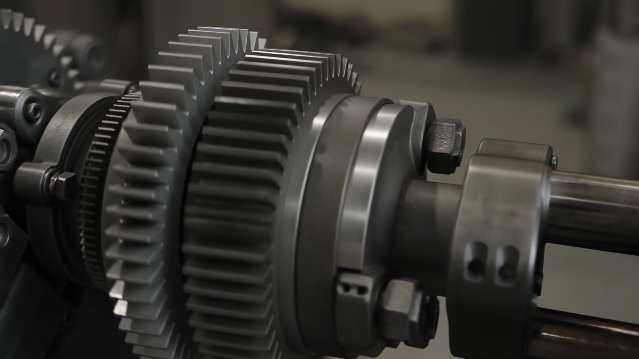 Closeup Industrial Gearbox Gears Turning Shaft With Meshing Cogs And Bearings, Hardened Steel Teeth And Oil