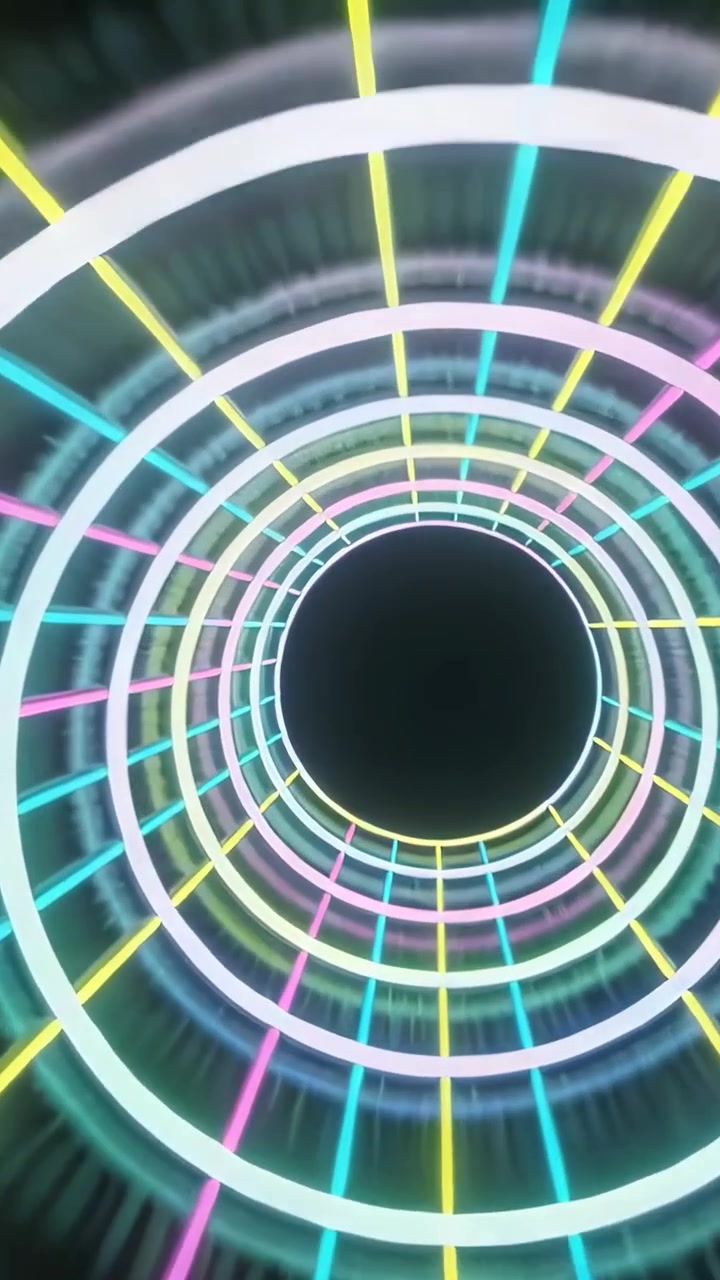 Vertical video: Loop starting neon tunnel moving inward in dark void for effect, with rings, bars