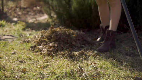 Close-up-view-of-unrecognizable-woman-in-boots-removing-weeds-with-a-rake-in-the-countryside