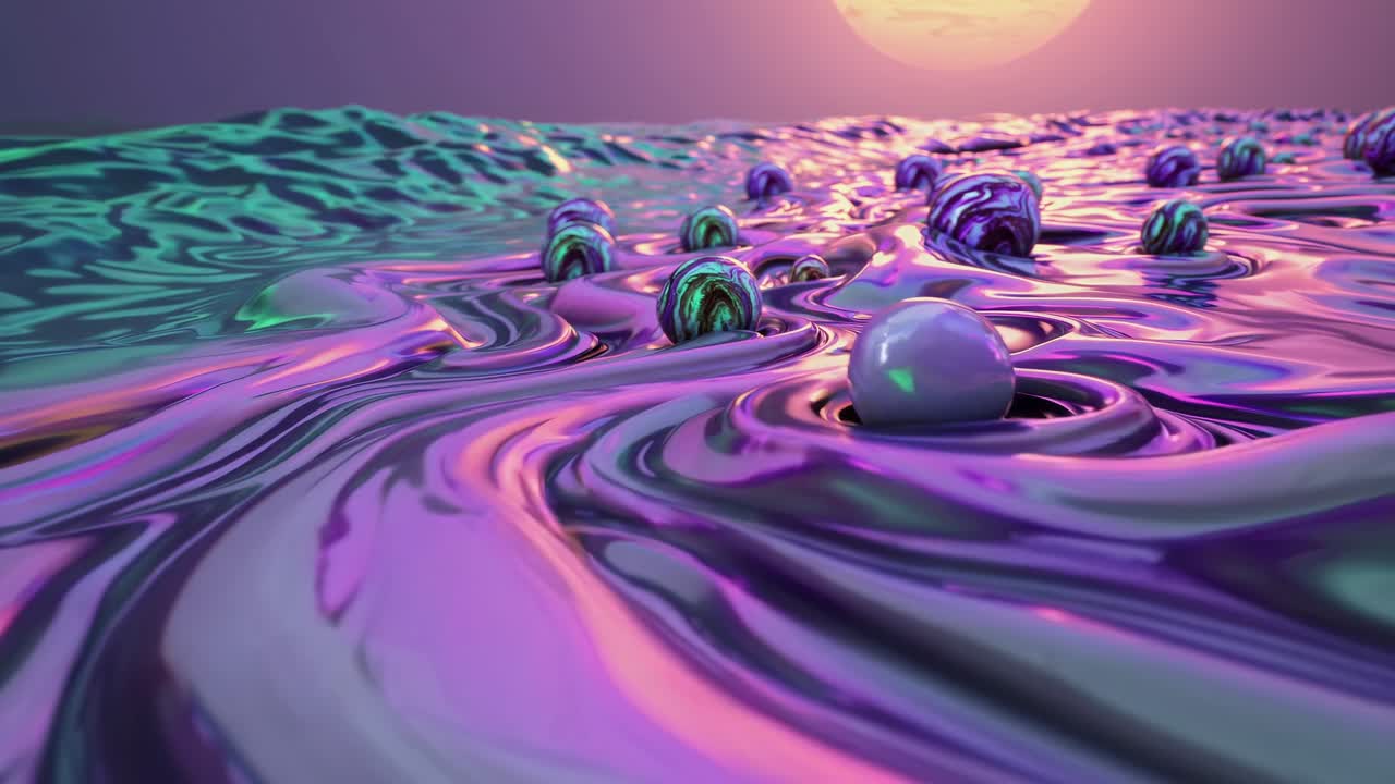 Colorful marbled spheres gently float and bob on the surface of a viscous, metallic liquid, flowing under a large, low hanging sun in a surreal dreamscape