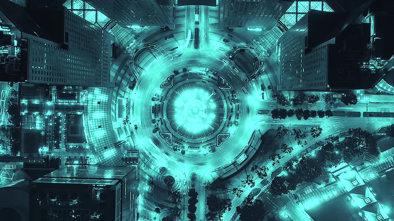 Top view Time lapse traffic in circle Fountain at night in Singapore city