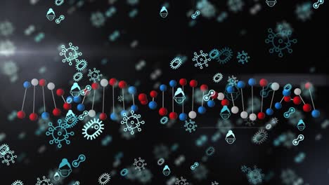 Coronavirus-Konzeptsymbole-Und-DNA-Struktur-Vor-Schwarzem-Hintergrund