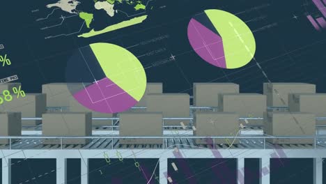 animation of financial data processing over cardboard boxes on conveyor belts in warehouse