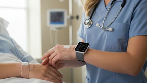 Healthcare Professional Monitoring Patient Progress with Advanced Technology in a Clinical Setting, Using a Smartwatch for Vital Signs and Patient Interaction