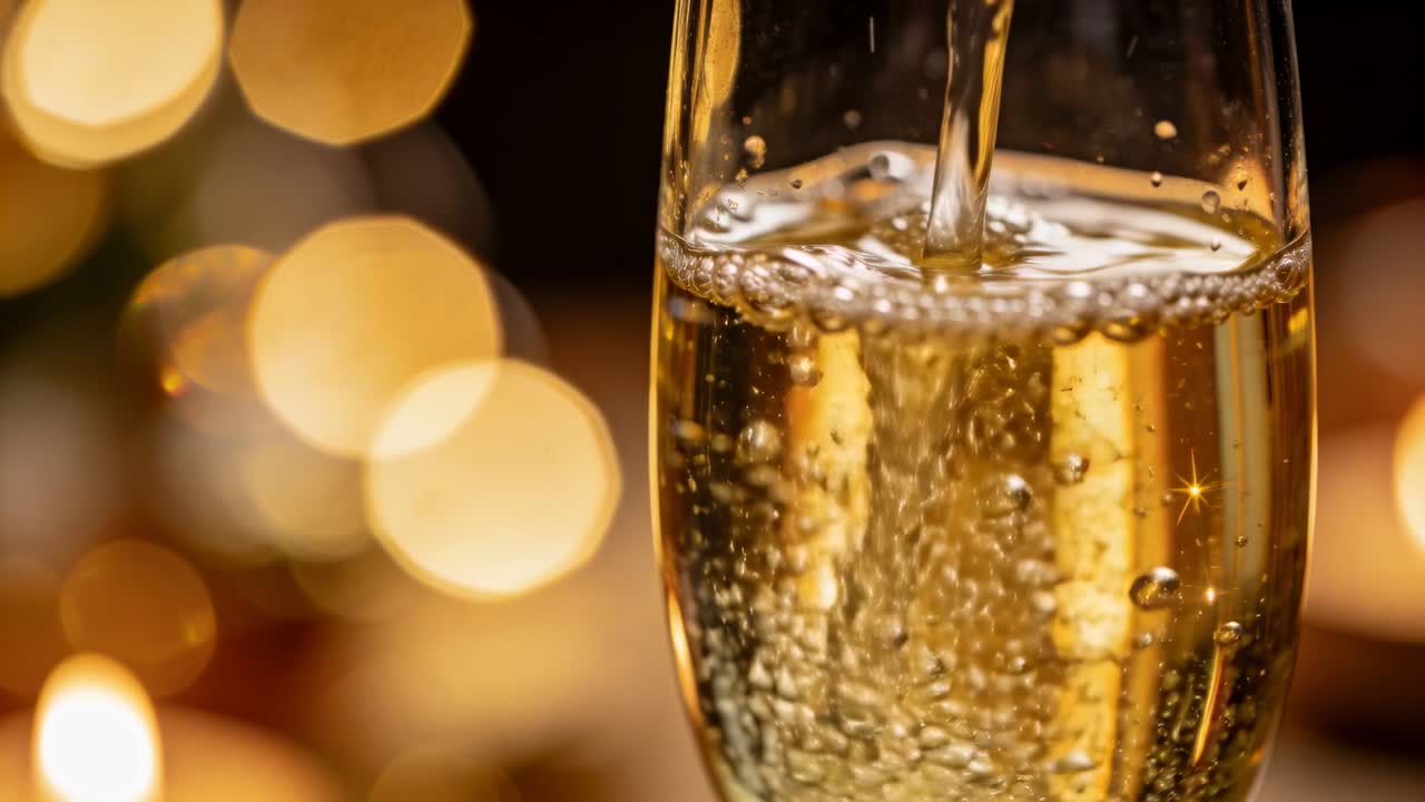 Flusso che riempie un flûte di champagne, con bollicine che salgono e formano effetti bokeh luminosi e festosi.