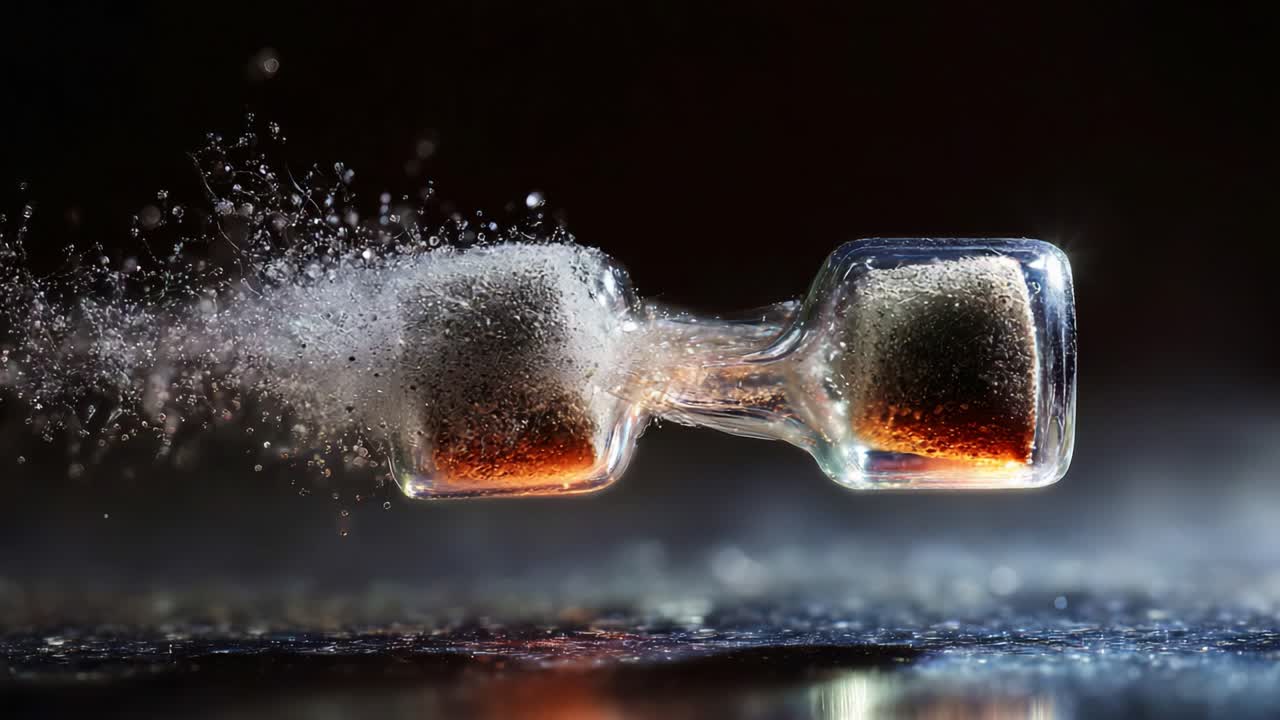 A mesmerizing close-up of an hourglass in motion, showcasing the dynamic flow of sand and splash effects against a dark, blurred background, emphasizing the passage of time and fluidity