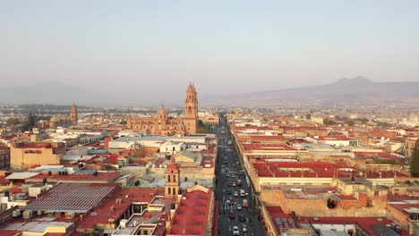 stunning view of the historic center of morelia, flying over francisco i madero avenue, michoacan