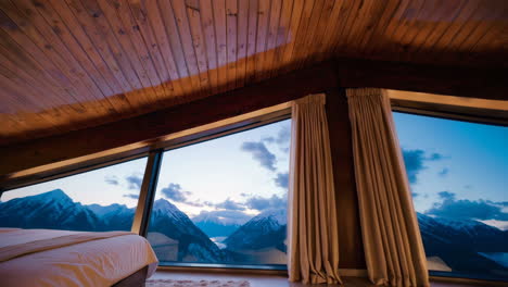 mountain view bedroom with wooden ceiling