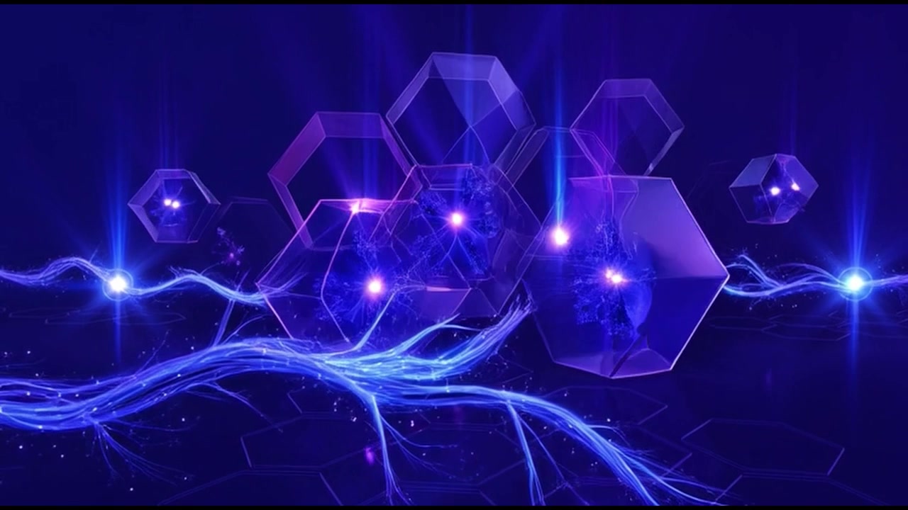 Sfondo digitale astratto con esagoni luminosi e flussi di energia