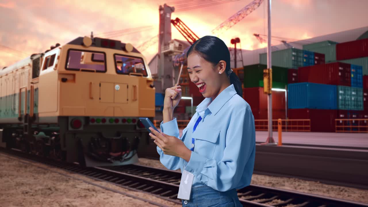 Side View Of Asian Female Professional Worker With Her Smartphone With Freight Cargo Train At Port, She Raises Her Fist Up With Screaming Goal After Check On The Smartphone